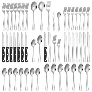 lazycorner 53 pcs silverware set with steak knives for 8 and 5 pcs serving utensils set, mirror polished flatware set, stainless steel cutlery set for home kitchen restaurant hotel,dishwasher safe