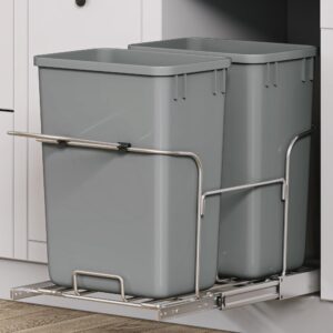 double 32 qt pull-out trash can recycling bin with handle for 19.1" w x 24.8" d x 23.6" h minimum cabinets, sliding under mount kitchen waste garbage container with full-extension slides, gray