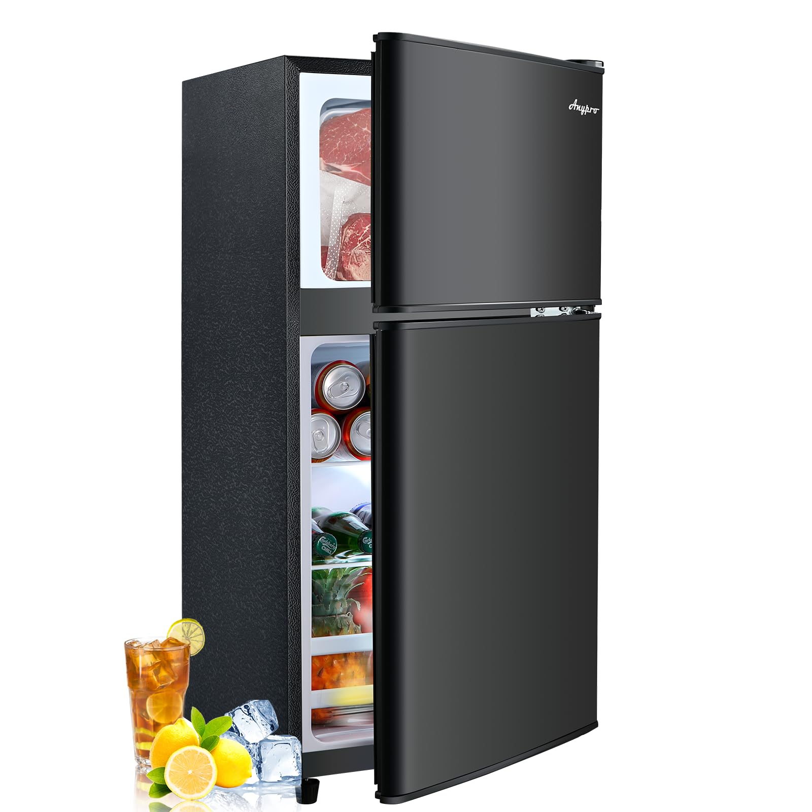 Anypro 3.2Cu.Ft Mini Fridge with Freezer, 2 Door Compact Refrigerator, Small Fridge with 7 Level Thermostat, LED Light, Small Refrigerator with Freezer for Bedroom, Office, Dorm, Back to School, Black