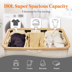 Lifewit 150L Laundry Basket with Lid 3 Section, Large Laundry Hamper with Bamboo Handles and Removable Laundry Bags, Clothes Hampers for Laundry for Bedroom, Bathroom, Dorm, Laundry Room, Beige