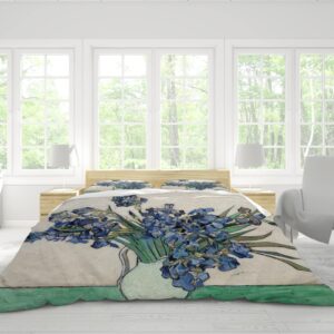 RIVINE Impressionism Style Duvet Cover Set 3 Pieces Blooming Irises, 1890 Breathable Bedroom Bedding Set with 2 Pillow Shams 4 Ties Zipper Queen