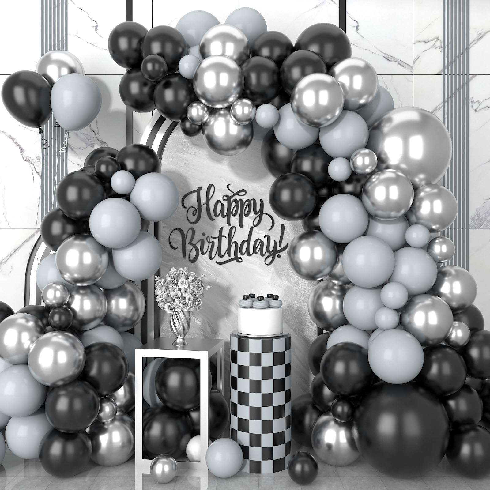 Black and Silver Balloon Arch Kit, 102Pcs Metallic Silver and Black Balloon Garland Kit Black Gray Party Balloons Grey Silver Latex Balloons for Birthday Party Baby Shower Wedding Bridal Shower