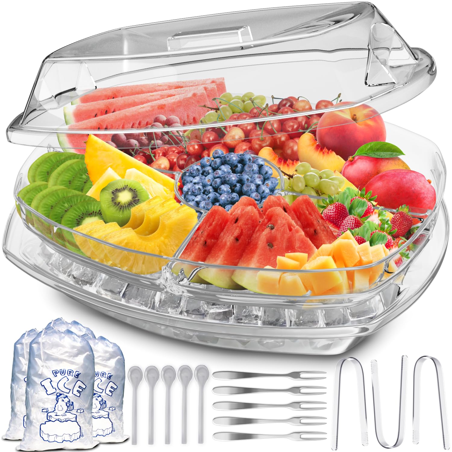 Premium Chilled Serving Tray for Parties - 15" Ice Chilled Party Platter w/Lid & Dip Holder - Functional Cold Dish w/ 4 Compartments - Perfect for Fruits, Veggies, Shrimp Cocktail - Keeps Food Cool