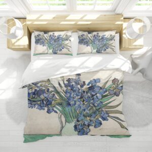 RIVINE Impressionism Style Duvet Cover Set 3 Pieces Blooming Irises, 1890 Breathable Bedroom Bedding Set with 2 Pillow Shams 4 Ties Zipper Queen