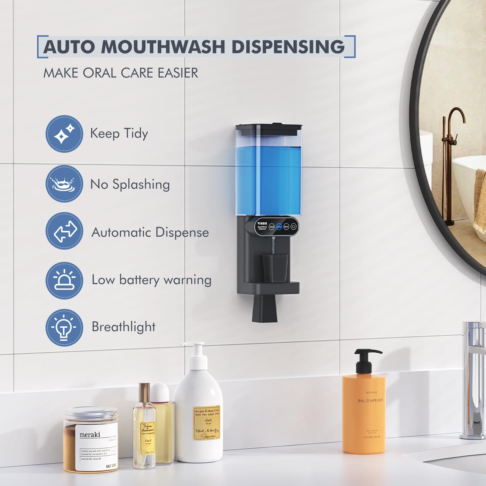 Automatic Mouthwash Dispenser for Bathroom-24.6FlOz 3 Adjustable Dispensing Levels MouthWash Dispenser for Bathroom Accessories with Magnetic Cups & Organizer, for Both All Age Groups Oral Care, Black