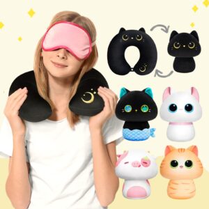 Mewaii Kids Travel Pillow, Cute Black Cat Stuffed Animal Neck Pillow for Kids & Adults, Reversible Plush Squishy 2-in-1 Travel Plush Pillow for Airplane, Car, Train