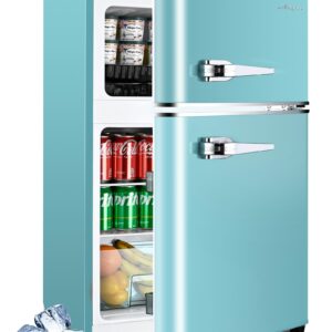 Anypro 3.2 Cu.Ft Compact Refrigerator, Mini Fridge with Freezer, Retro Double Door Small Fridge, 7 AdjustableTemperature Settings, Removable Shelves, Small Refrigerator for Dorm, Office, Bedroom, Blue