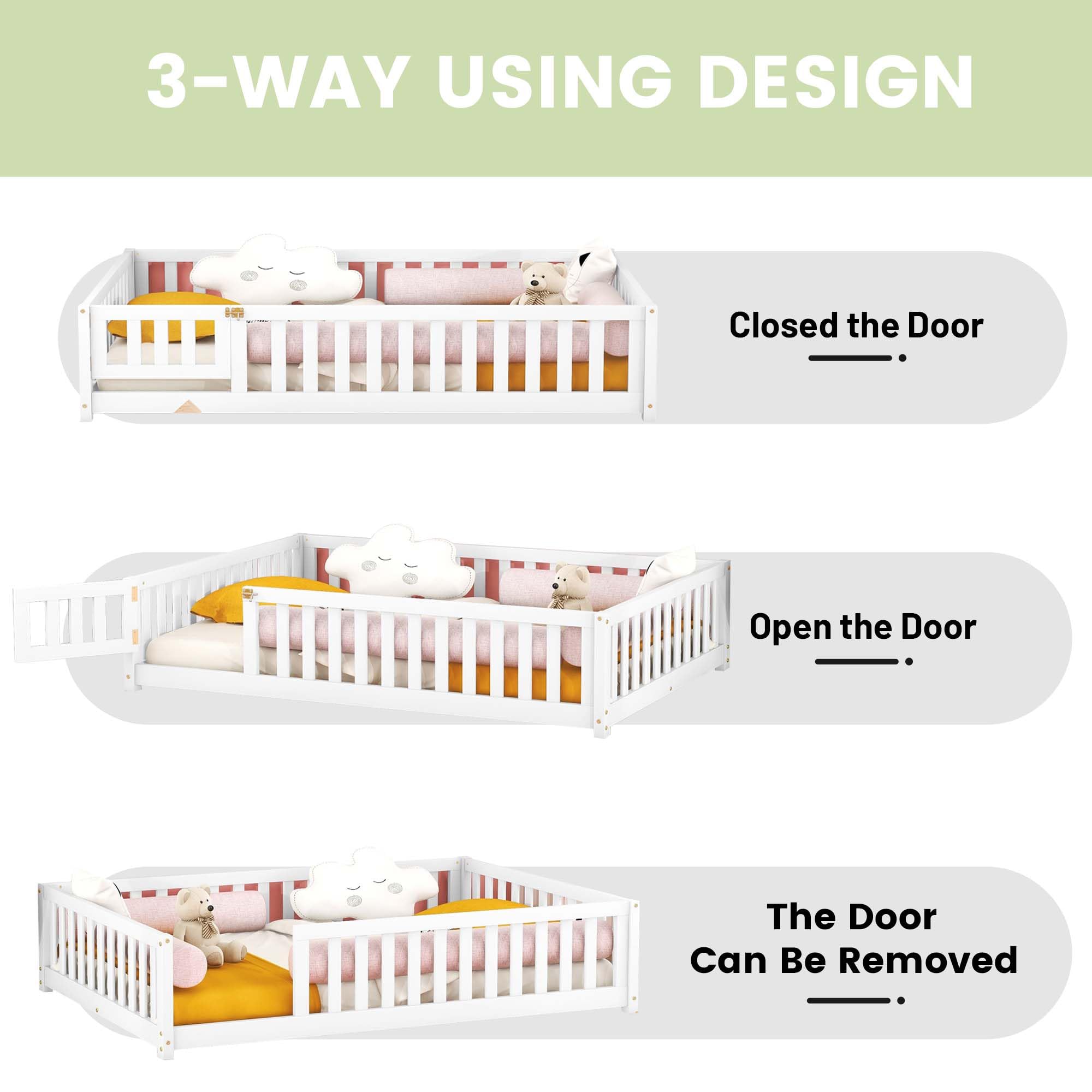 Full Size Floor Bed for Kids, Wood Montessori Bed with Slats, Safety Fence & Door, Playhouse Floor Bed Frame with Rails for Girls Boys Children Teens, White