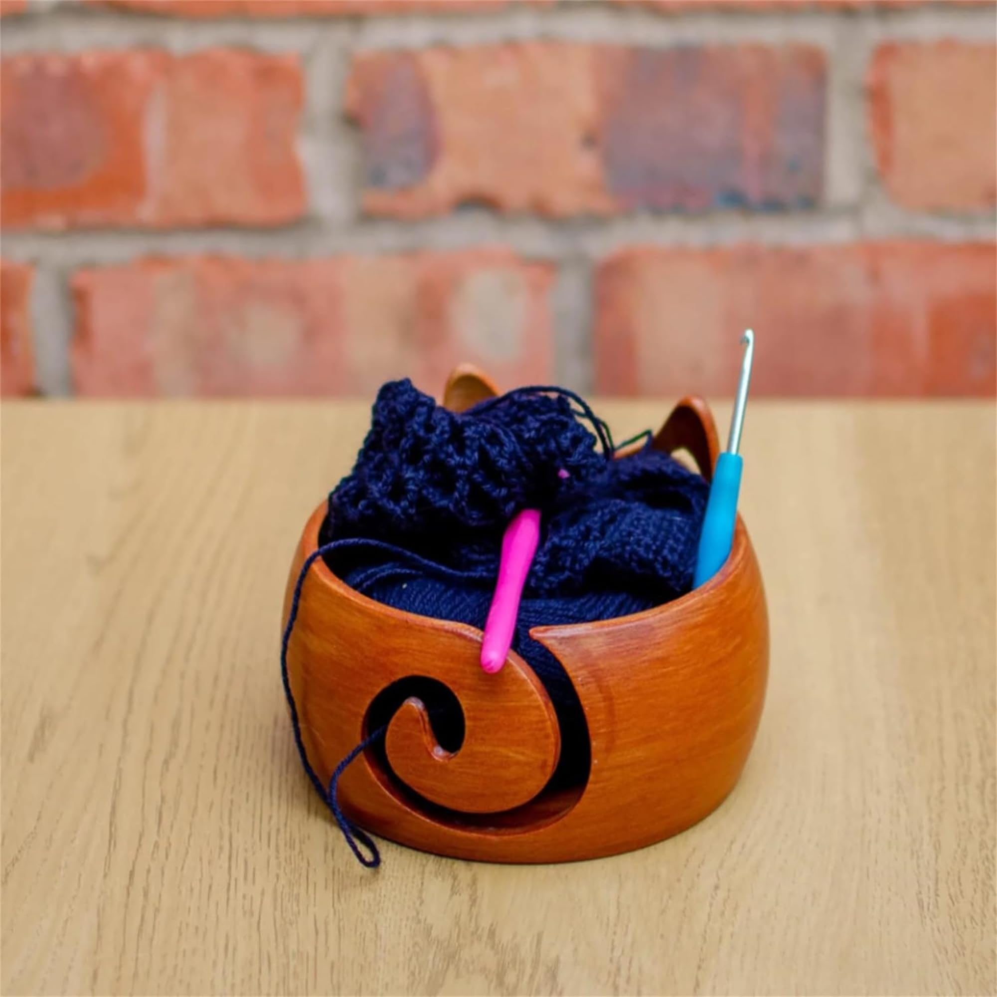 Cute Cat Yarn Bowl, Yarn Bowls Yarn Storage Bowl with Carved Holes & Drill, Creative Wooden Handmade Round Woolen Bowl for DIY Knitting Crocheting Accessories (B)