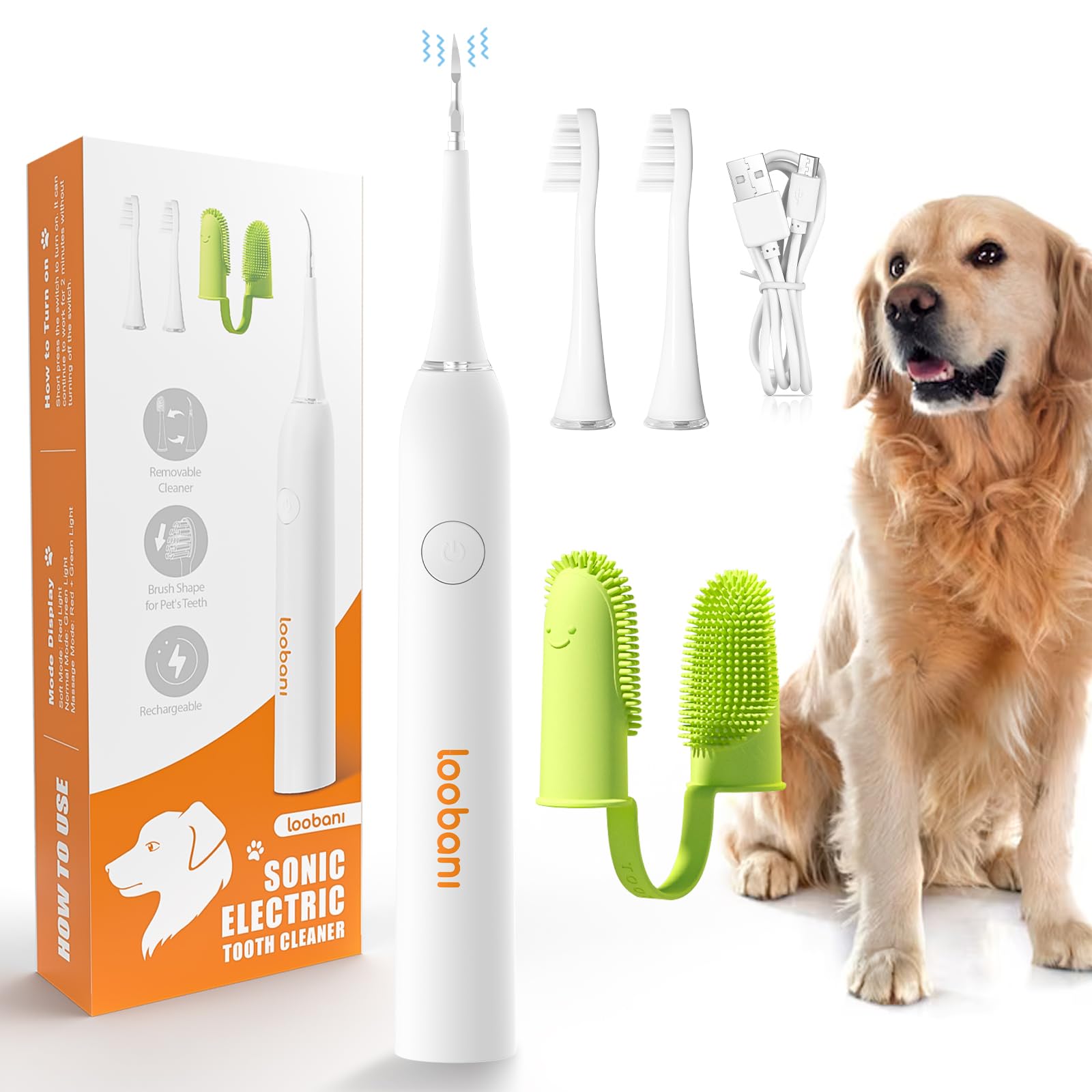 LOOBANI Dog Teeth Cleaning Kit, Rechargeable Sonic Electric, White, Includes Tooth Scraper, 2 Replaceable Heads, Silicone Finger Toothbrush, USB Cable