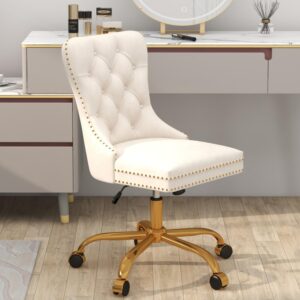 goolon velvet home office desk chair, height adjustable vanity chair withtufted back, swivel comfy seat, luxury rivet trim, golden base for bedroom living room, beige