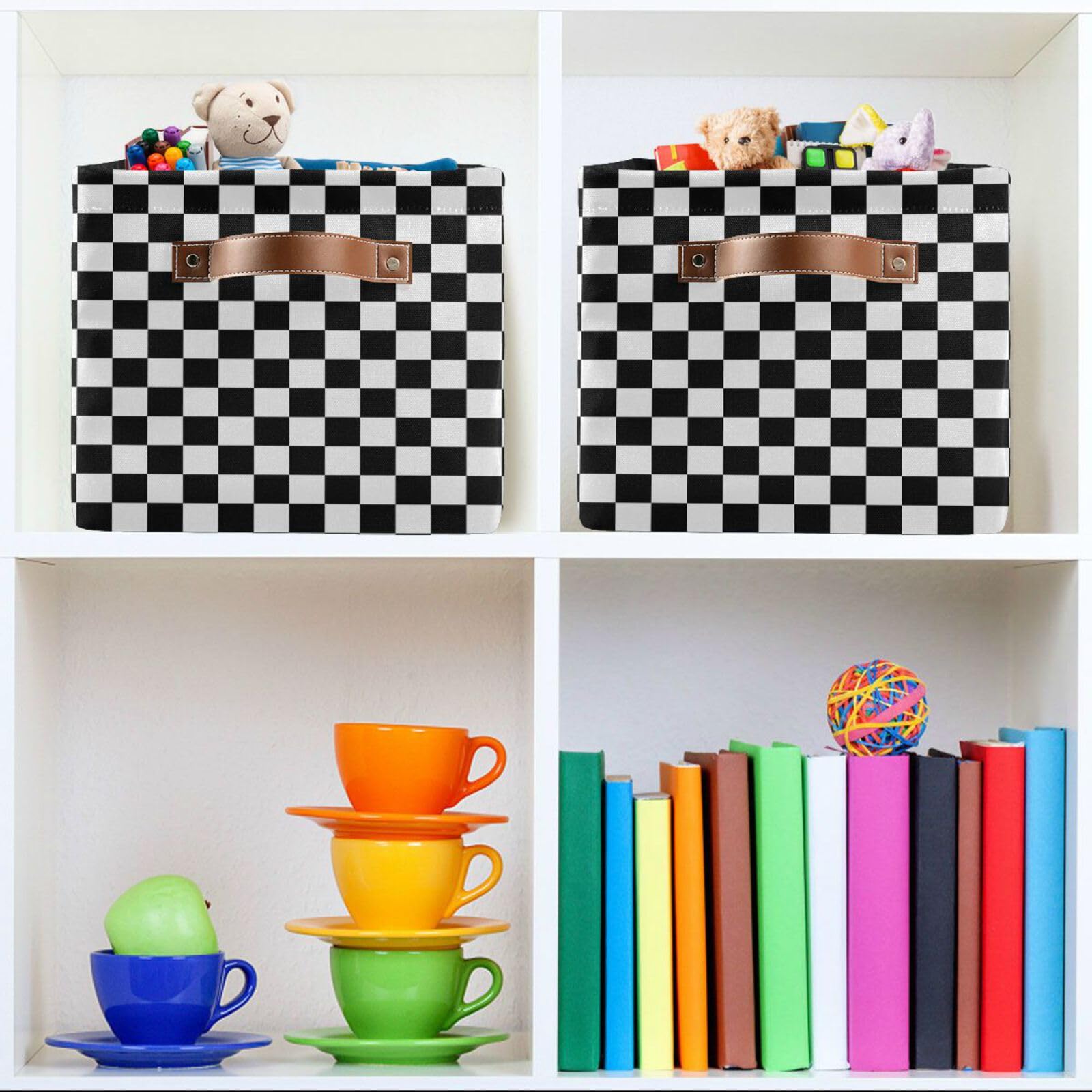 Black White Checkered Pattern Large Storage Basket Cube Storage Bin Canvas Fabric Organizer Handles Collapsible Decorative for Clothes Toys Bedroom