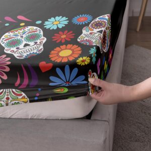 AILONEN Sugar Skull Fitted Sheet Twin Size, Skeleton Floral Print Bed Sheet Set,Gothic Bedding Set for Kids Boys Girls,Skeleton Bones BedSheets Set,1 Fitted Sheet 2 Pillowcases,3 PCS