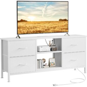 Lulive TV Stand Dresser for Bedroom with Power Outlet & Open Shelf, Media Console Table with 4 Fabric Drawers Storage Organizers (White, 50 Inch TV Stand)