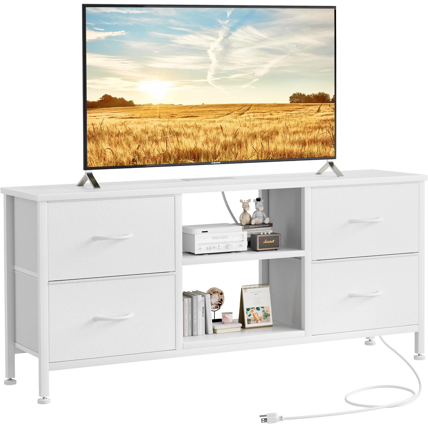 Lulive TV Stand Dresser for Bedroom with Power Outlet & Open Shelf, Media Console Table with 4 Fabric Drawers Storage Organizers (White, 50 Inch TV Stand)