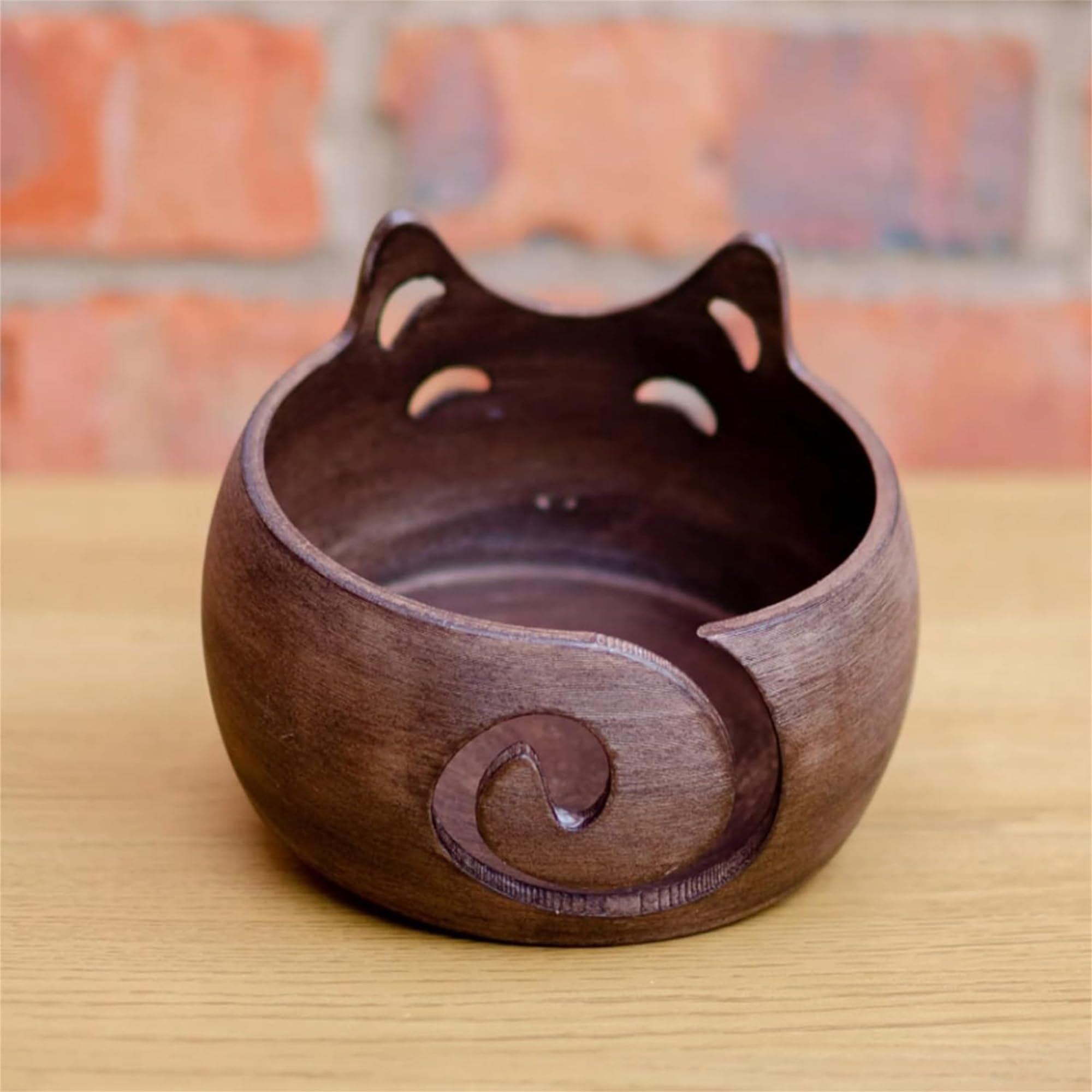 Cute Cat Yarn Bowl, Yarn Bowls Yarn Storage Bowl with Carved Holes & Drill, Creative Wooden Handmade Round Woolen Bowl for DIY Knitting Crocheting Accessories (B)