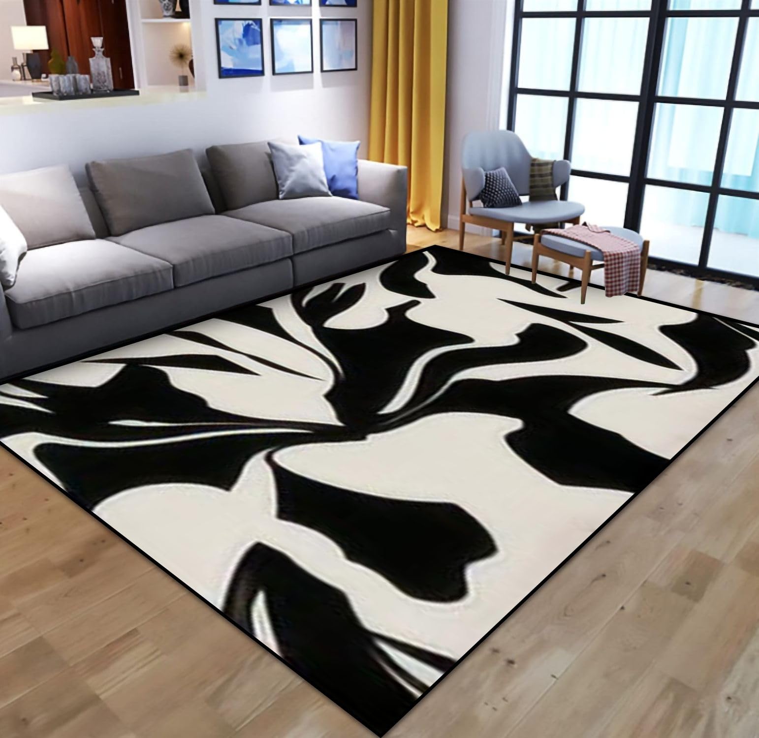 ENIGMEX Area Rug, Art Soft Non-Slip Rug, 6'x9' Rugs, Simple Abstract Contemporary Seamless Pattern Hand Drawn Flower Leaf Accent Carpet for Bedroom Living Room Hallway Outdoor Decor