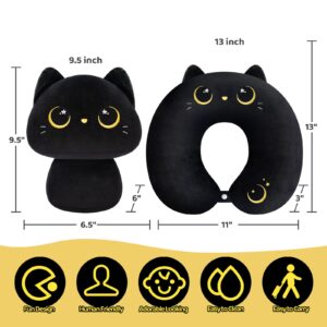 Mewaii Kids Travel Pillow, Cute Black Cat Stuffed Animal Neck Pillow for Kids & Adults, Reversible Plush Squishy 2-in-1 Travel Plush Pillow for Airplane, Car, Train