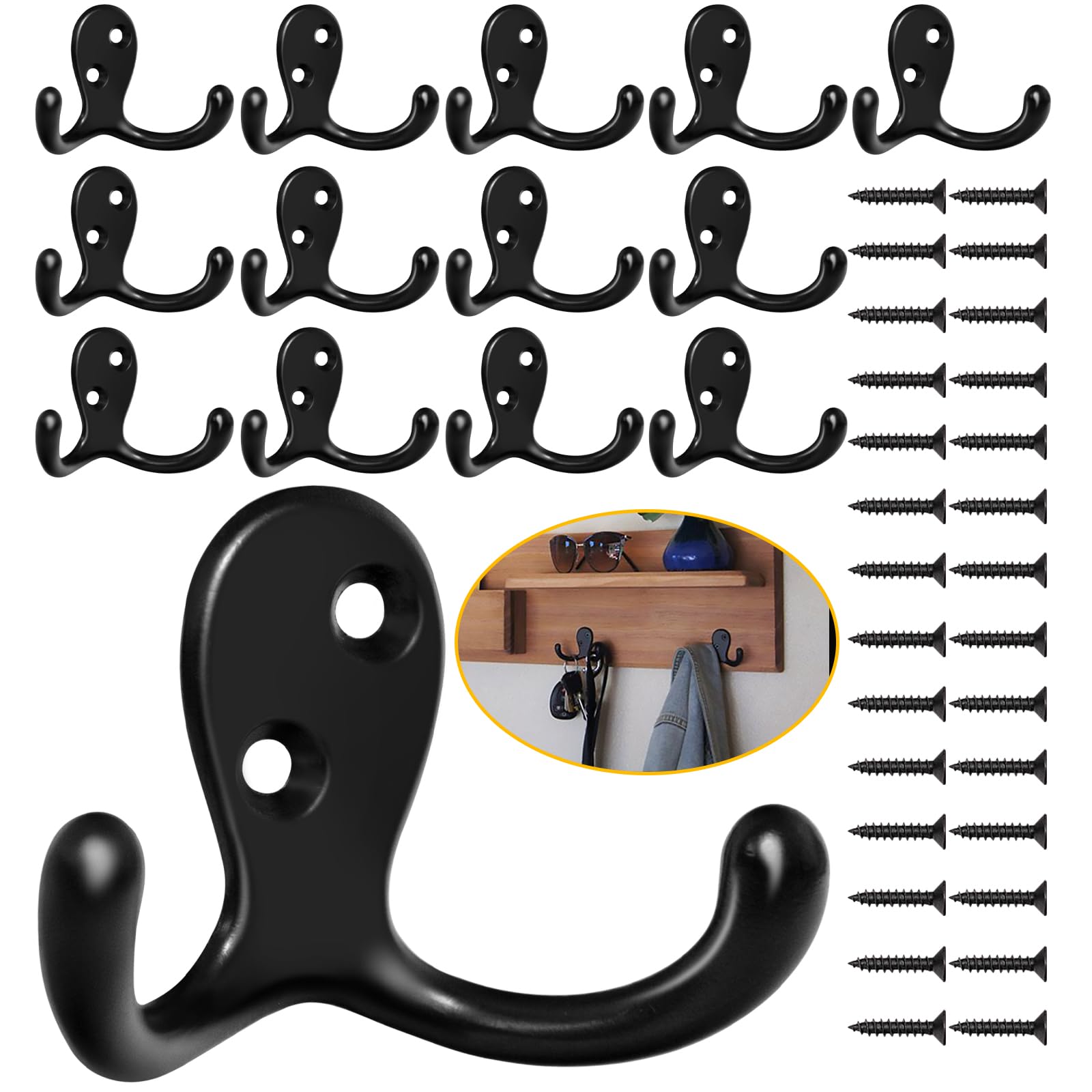 Homanu 14 Pack Coat Hooks, Heavy Duty Double Prong Coat Hooks Wall Mounted with 28 Screws, No Rust Black Metal Wall Hooks for Hanging Towel, Coat, Bag, Hat, Cup, Key