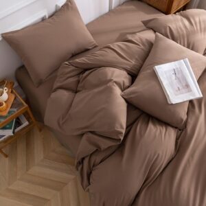 TazmKezm Mocha Duvet Cover 100% Washed Cotton Duvet Cover Set, 3 PCs Breathable Soft Bedding Set Linen Textured. Solid Color Pattern Duvet Cover Full Size (80x90 Inch)