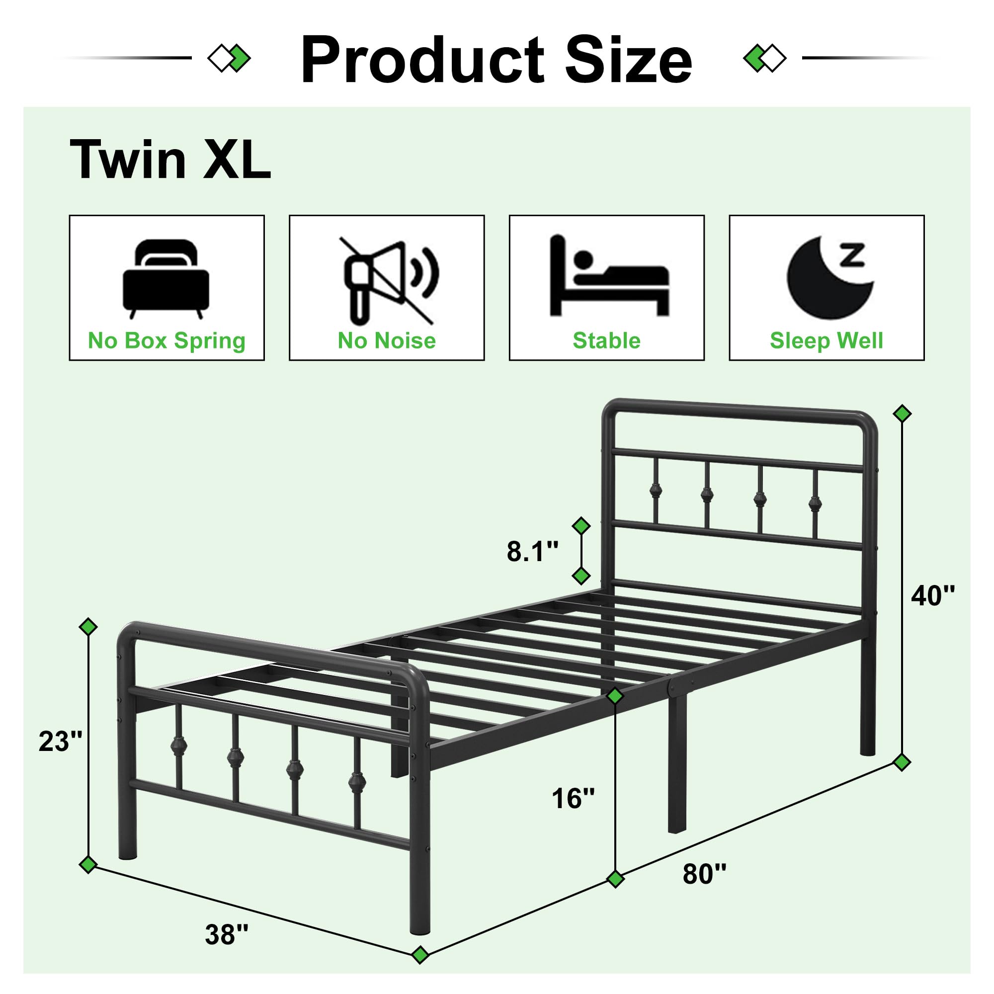 EMODA 16 Inch Twin XL Bed Frames with Headboard and Footboard, Heavy Duty XL Twin Metal Slats Support Mattress Foundation, No Box Spring Needed, Easy Assembly