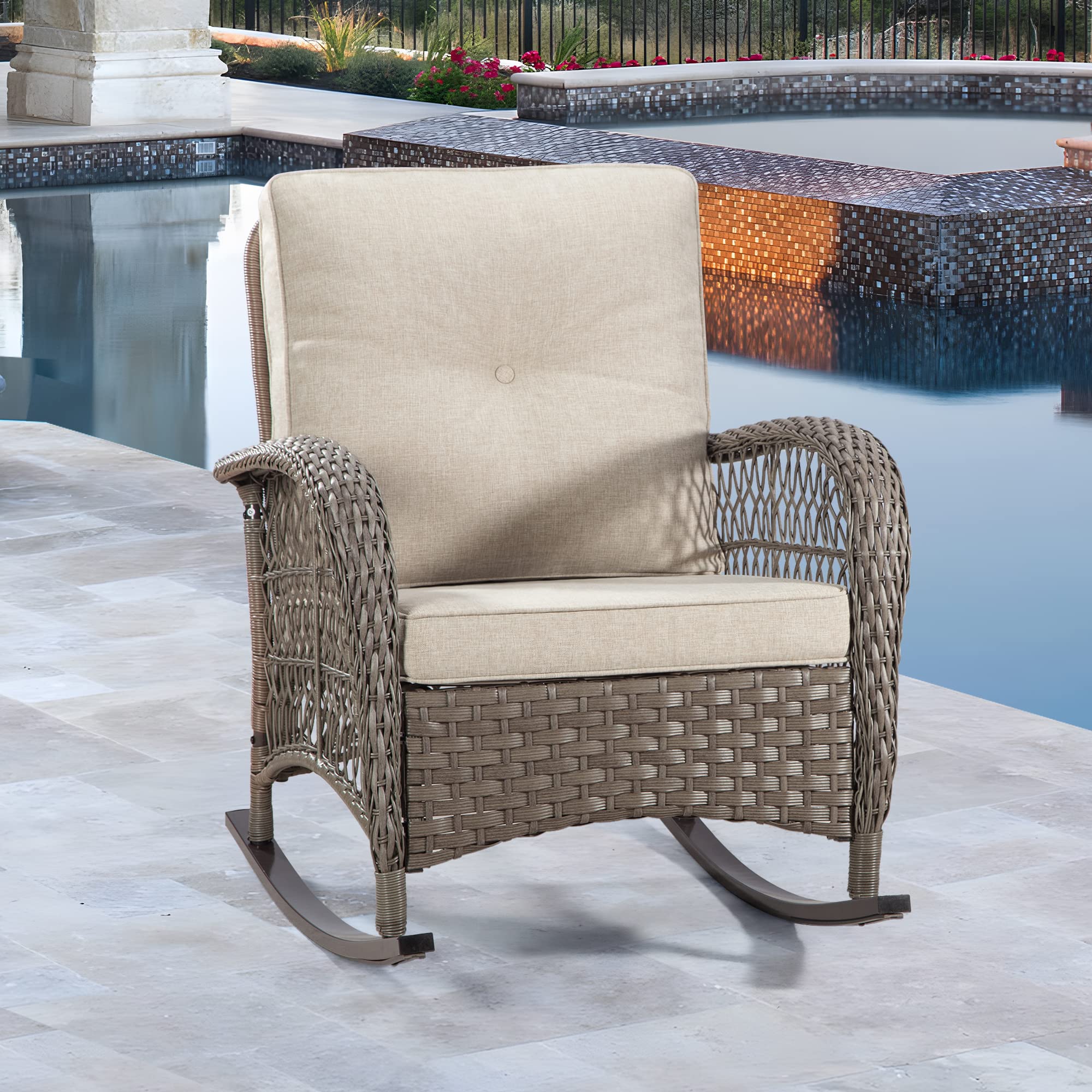 Gardenbee Patio Rocking Chair - Outdoor Rocker Chair with Safe Rocking Design, Metal Frame All Weather Wicker and Premium Fabric Cushions (Mixed Brown/Beige)