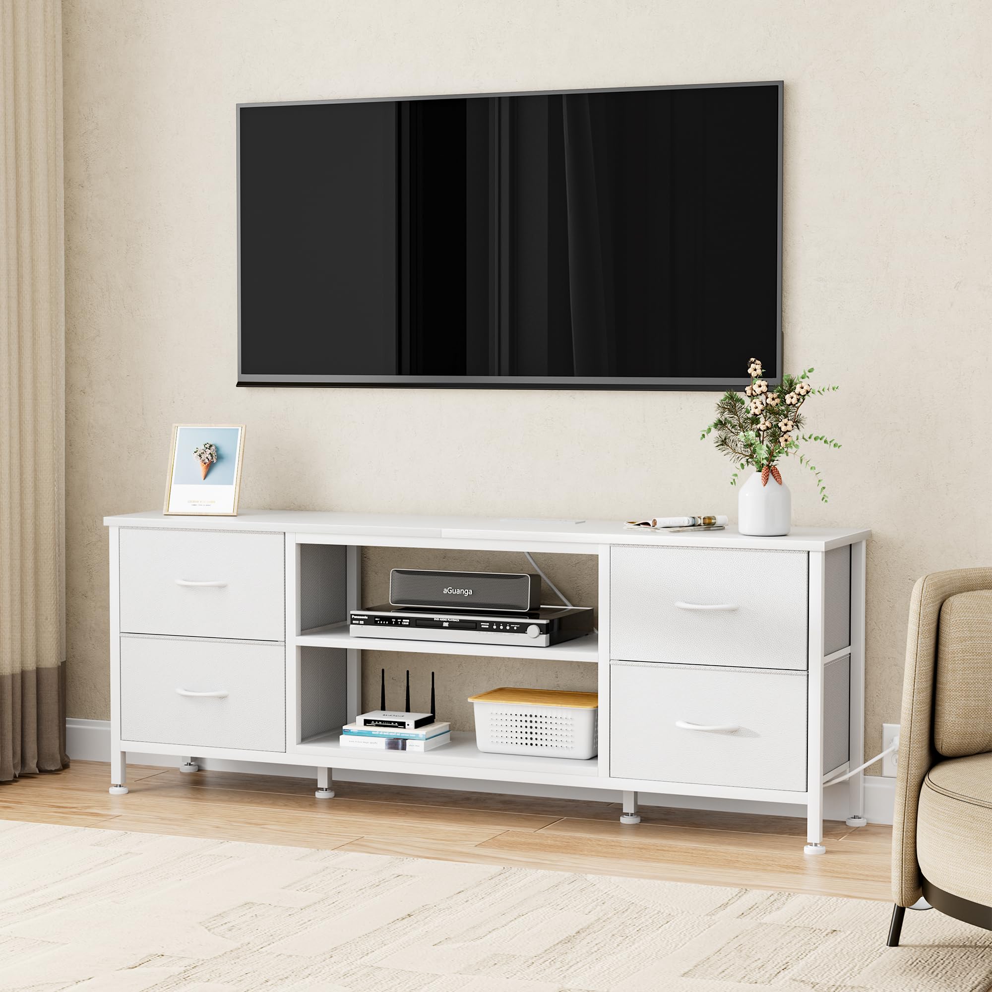 Lulive TV Stand Dresser for Bedroom with Power Outlet & Open Shelf, Media Console Table with 4 Fabric Drawers Storage Organizers (White, 50 Inch TV Stand)