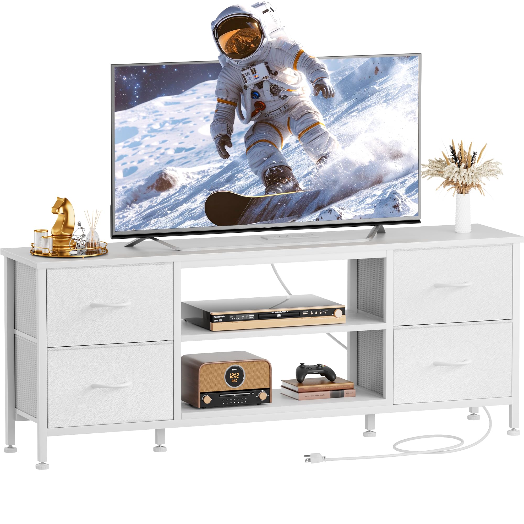 Lulive TV Stand Dresser for Bedroom with Power Outlet & Open Shelf, Media Console Table with 4 Fabric Drawers Storage Organizers (White, 50 Inch TV Stand)