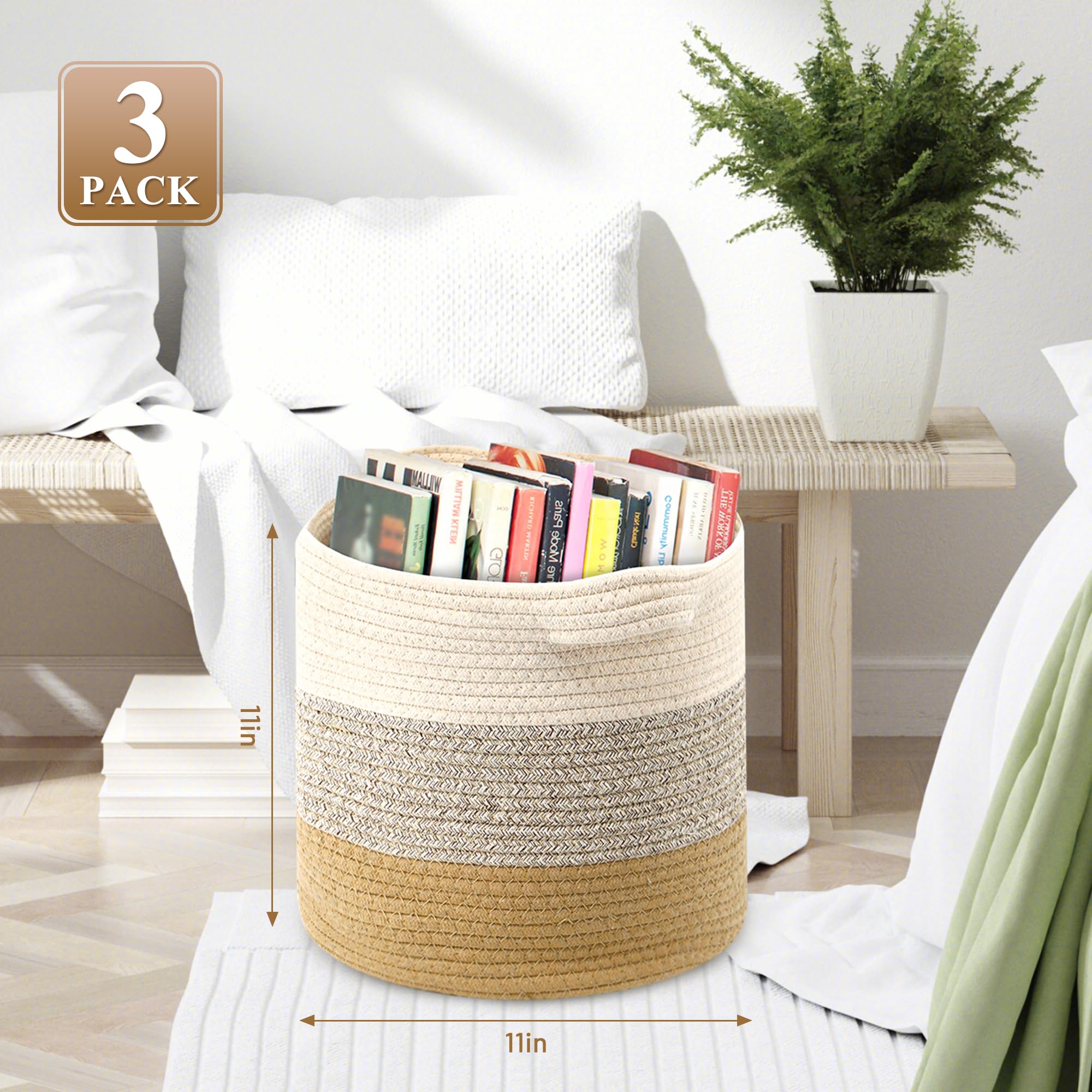 Jolitac 3 Pack Storage Baskets for Organizing, Woven Rope Baskets Cube Storage Basket Bins 11x11'' for Cube Storage Organizer Room Organizer, Mixed Jute