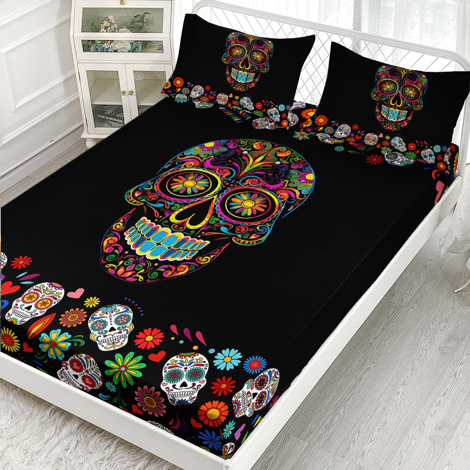 AILONEN Sugar Skull Fitted Sheet Twin Size, Skeleton Floral Print Bed Sheet Set,Gothic Bedding Set for Kids Boys Girls,Skeleton Bones BedSheets Set,1 Fitted Sheet 2 Pillowcases,3 PCS