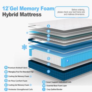 Planet Sleepings 12 Inch TwinXL Hybrid Mattress Bed in a Box,Medium Firm Gel Memory Foam Mattress with Individually Wrapped Pocket Coils Innerspring for Motion Isolation, CertiPUR-US