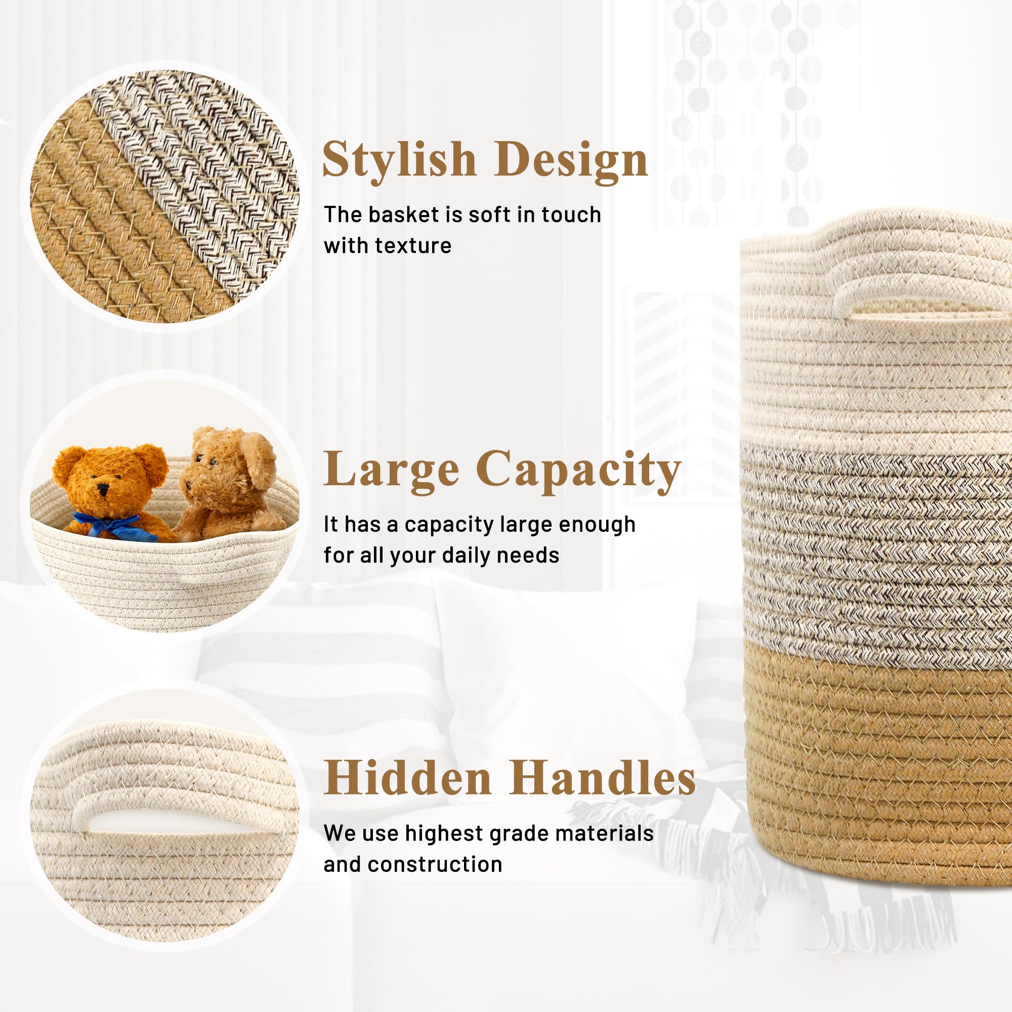 Jolitac 3 Pack Storage Baskets for Organizing, Woven Rope Baskets Cube Storage Basket Bins 11x11'' for Cube Storage Organizer Room Organizer, Mixed Jute