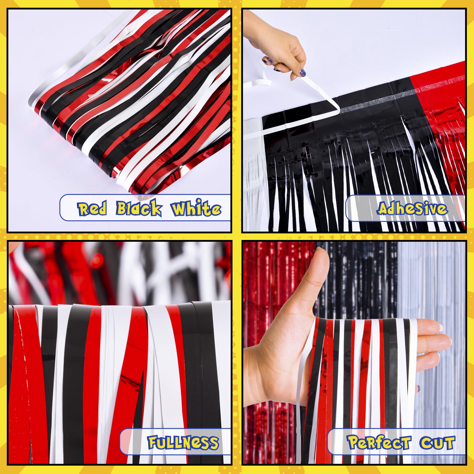 Maga-L Cartoon Monster Birthday Party Supplies,2 Pack Red Black and White Foil Fringe Curtains, Animation Themed Photo Booth Prop, Photo Backdrop, Streamers for Kids Cartoon Birthday Party Decorations