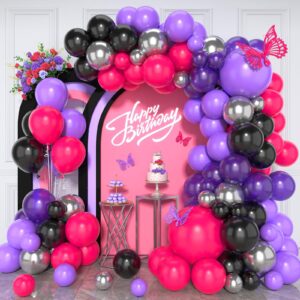 paready hot pink and purple balloon arch kit, 125pcs purple black balloon garland kit dark purple metallic silver party balloons purple hot pink balloons for kids birthday party baby shower wedding