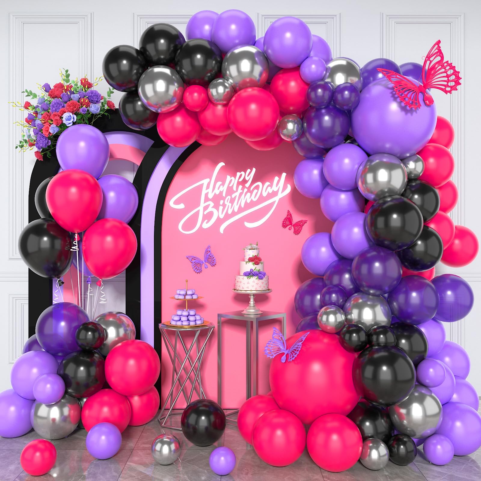 Paready Hot Pink and Purple Balloon Arch Kit, 125Pcs Purple Black Balloon Garland Kit Dark Purple Metallic Silver Party Balloons Purple Hot Pink Balloons for Kids Birthday Party Baby Shower Wedding