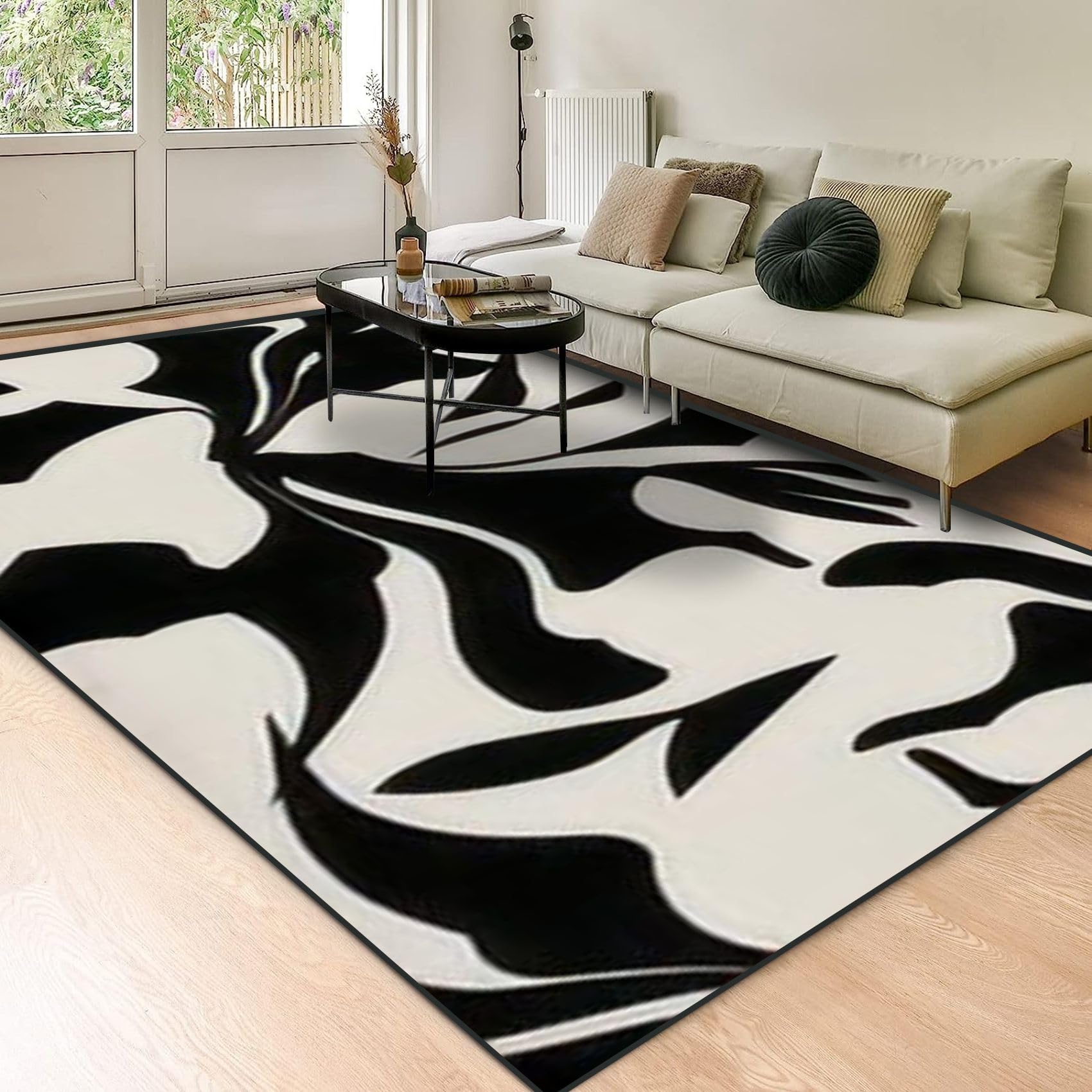 ENIGMEX Area Rug, Art Soft Non-Slip Rug, 6'x9' Rugs, Simple Abstract Contemporary Seamless Pattern Hand Drawn Flower Leaf Accent Carpet for Bedroom Living Room Hallway Outdoor Decor