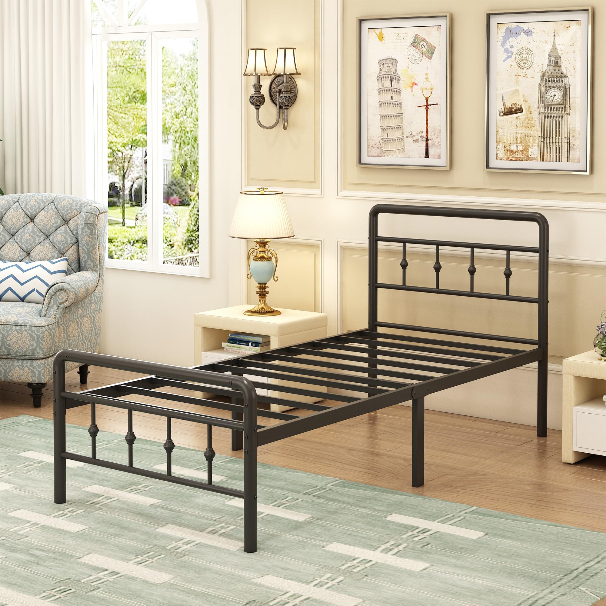 EMODA 16 Inch Twin XL Bed Frames with Headboard and Footboard, Heavy Duty XL Twin Metal Slats Support Mattress Foundation, No Box Spring Needed, Easy Assembly