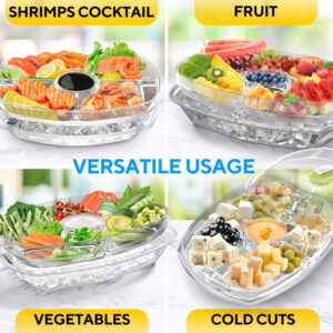 Premium Chilled Serving Tray for Parties - 15" Ice Chilled Party Platter w/Lid & Dip Holder - Functional Cold Dish w/ 4 Compartments - Perfect for Fruits, Veggies, Shrimp Cocktail - Keeps Food Cool