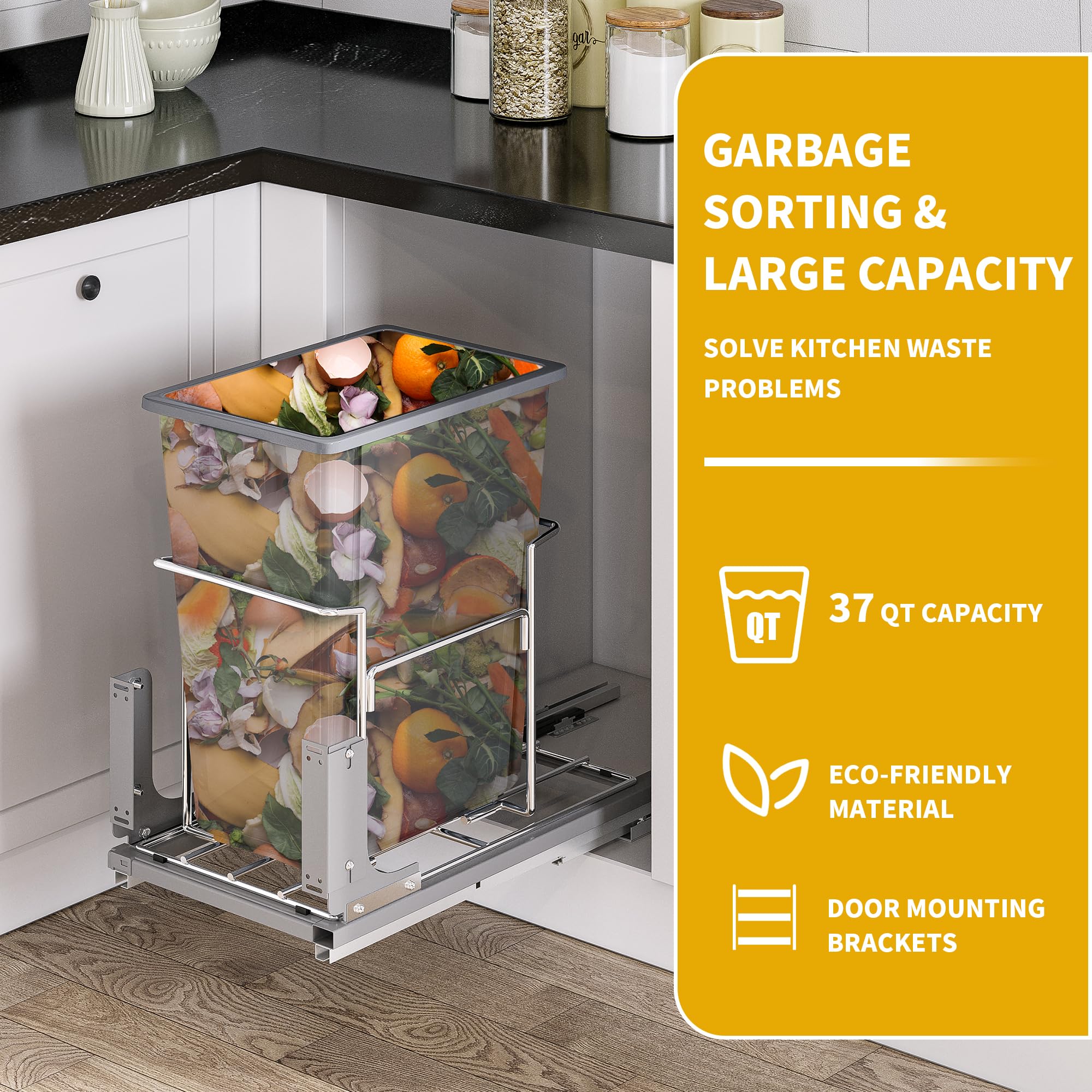 37-Quart (L) Pull-Out Trash Can with Soft Close for 14" W x 24.8" D x 25" H Min Cabinets, Sliding Under Mount Kitchen Pullout Waste Container Trash Can, Gray