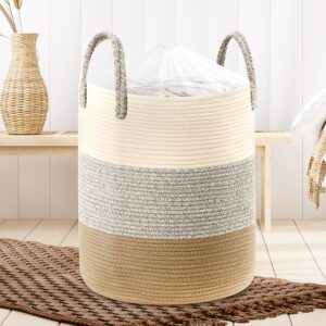 jolitac 58l large woven laundry hamper, laundry basket with laundry bag blanket basket tall wicker laundry baskets for clothes pillows towels shoes in living room bedroom, 15" x 20"