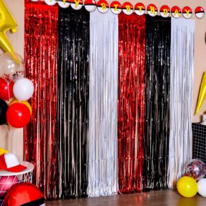 maga-l cartoon monster birthday party supplies,2 pack red black and white foil fringe curtains, animation themed photo booth prop, photo backdrop, streamers for kids cartoon birthday party decorations