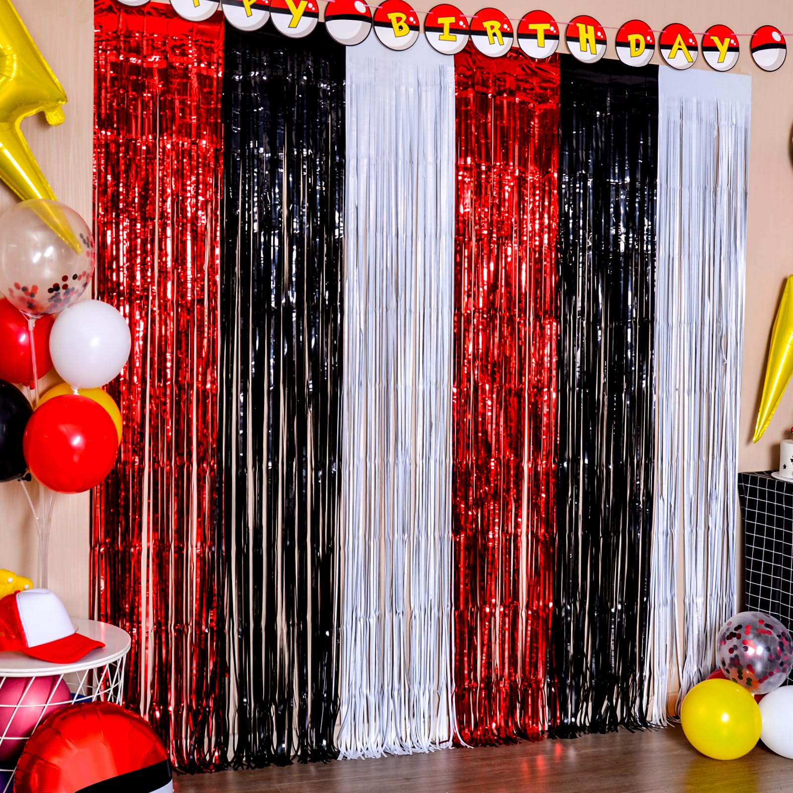 Maga-L Cartoon Monster Birthday Party Supplies,2 Pack Red Black and White Foil Fringe Curtains, Animation Themed Photo Booth Prop, Photo Backdrop, Streamers for Kids Cartoon Birthday Party Decorations