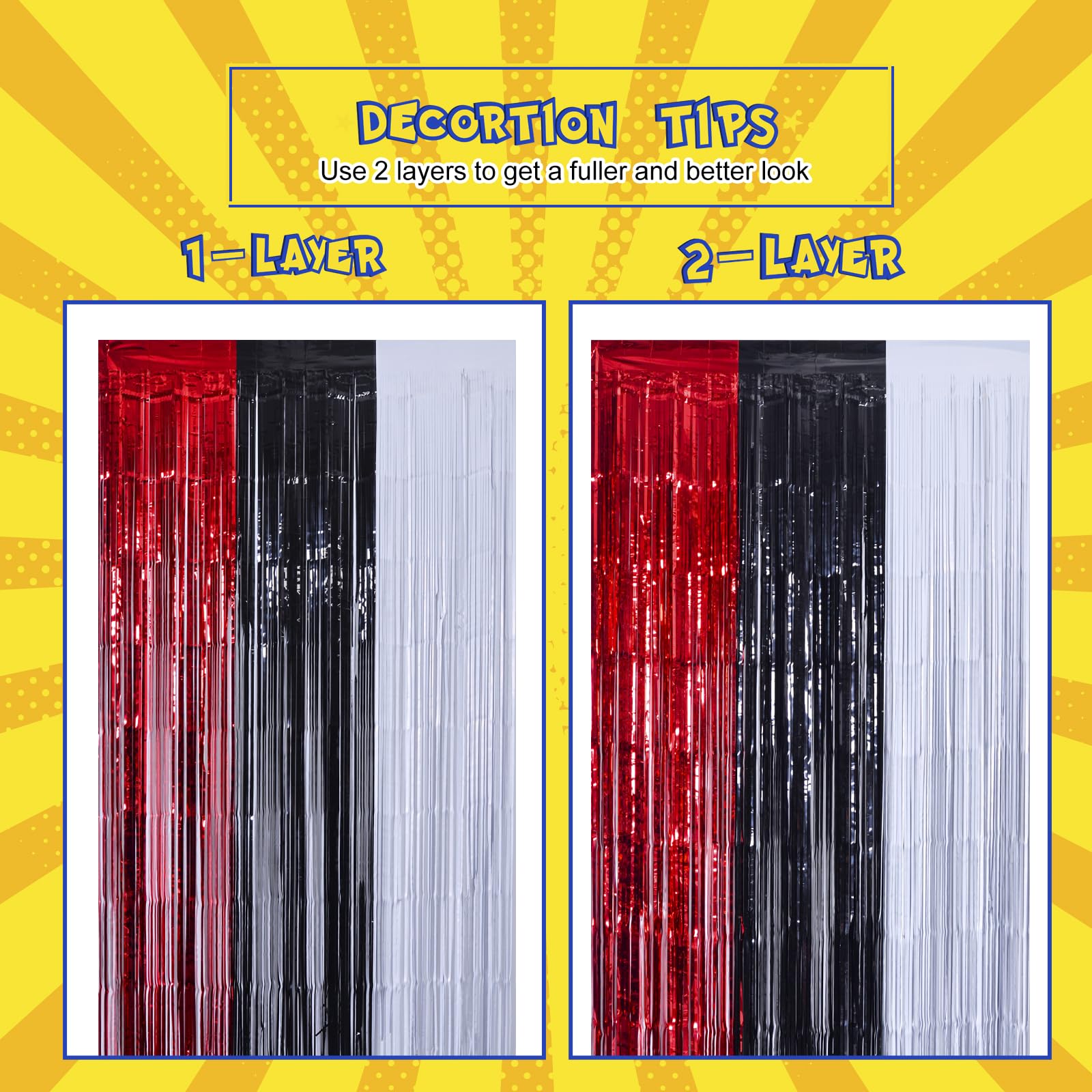 Maga-L Cartoon Monster Birthday Party Supplies,2 Pack Red Black and White Foil Fringe Curtains, Animation Themed Photo Booth Prop, Photo Backdrop, Streamers for Kids Cartoon Birthday Party Decorations