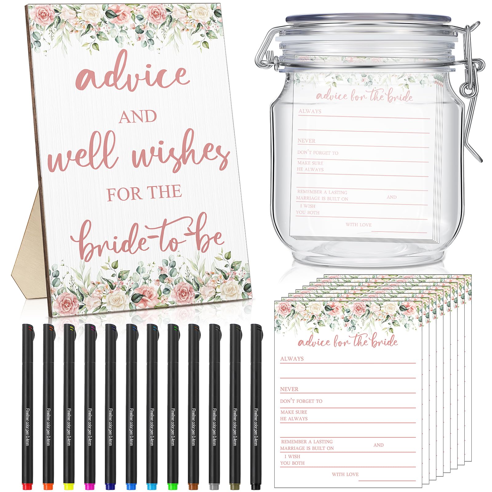 Sintuff 114 Pcs Bridal Shower Favors 1 Advice and Wishes Flowers Wooden Sign 100 Advice for The Bride Cards with 12 Fineliner Ink Pens and 1 PET Bottle Bridal Shower Games for Wedding Reception