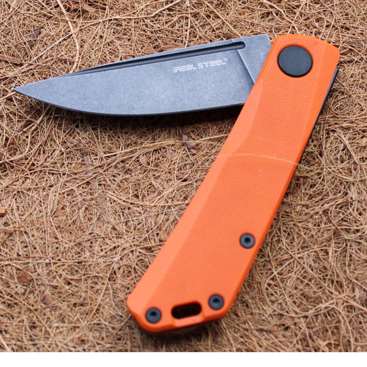 Real Steel Luna Lite Slipjoint Folding Pocket Knife - D2 Blade and G10 Handles - Perfect for Camping, Hiking, Daily Cutting Tasks - EDC Knife for Men Women - Orange/Blackwash