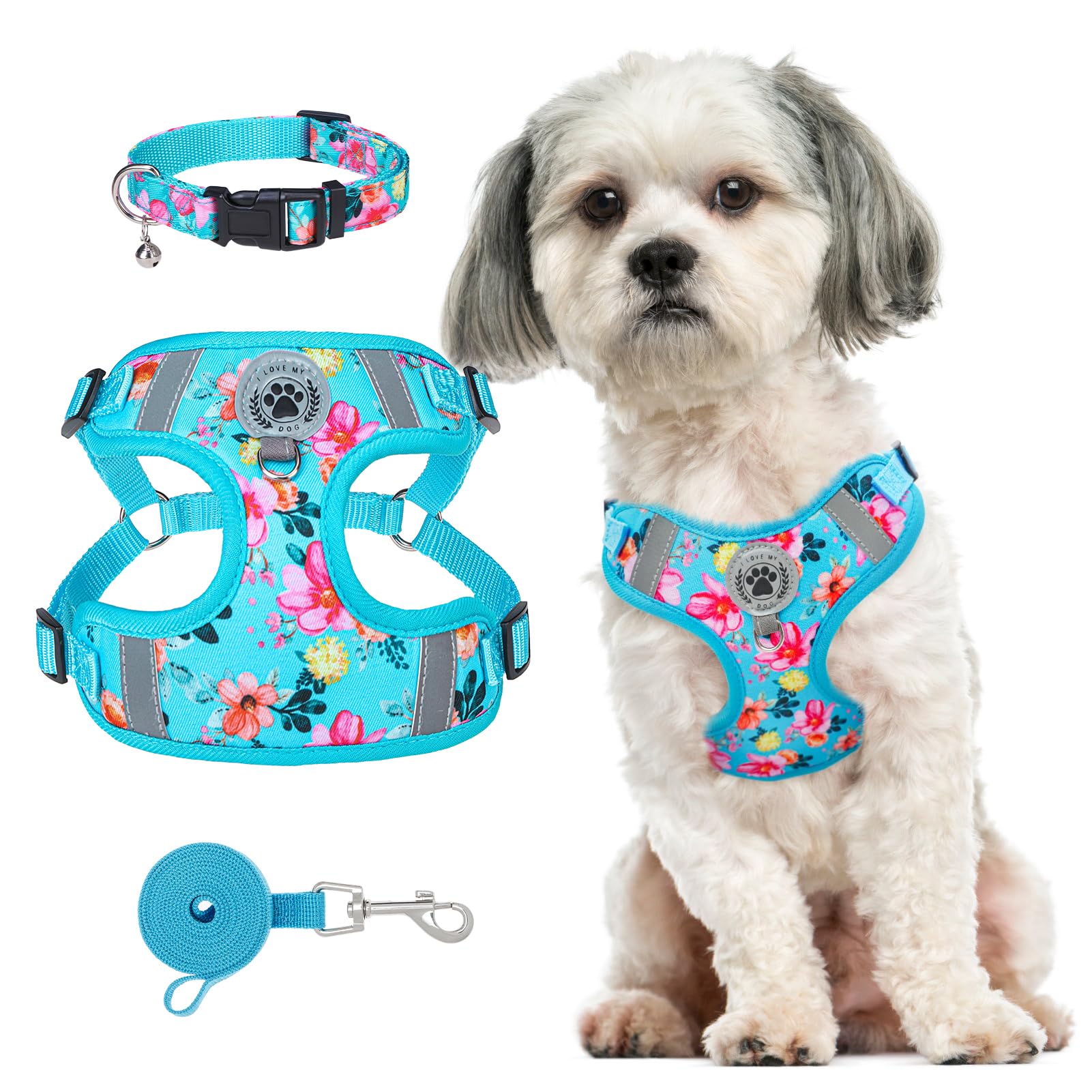 BEAUTYZOO Dog Harness Small Sized, Step in No Pull Dog Harness Collar and Leash Set, Easy Walking Reflective Vest for Small Dogs, Adjustable Soft Mesh Padded Puppy Harnesses Pet Accessories, Blue S