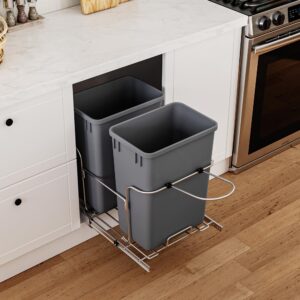 Double 32 Qt Pull-Out Trash Can Recycling Bin with Handle for 19.1" W x 24.8" D x 23.6" H Minimum Cabinets, Sliding Under Mount Kitchen Waste Garbage Container with Full-Extension Slides, Gray