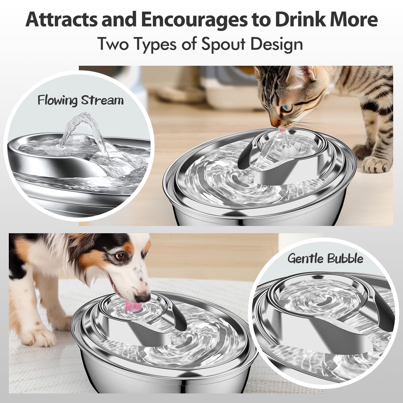 ORSDA Cat Water Fountain Stainless Steel, 2L/67oz Pet Fountain for Cats Inside, Automatic Dog Drinking Dispenser Cat Feeding & Watering Supplies with 2 Filter