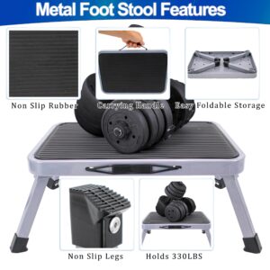 Metal Step Stool - Portable Folding Foot Stool - Non-Slip, Compact, 330lbs Capacity, Heavy Duty One Step Ladder for Kitchen (Black)