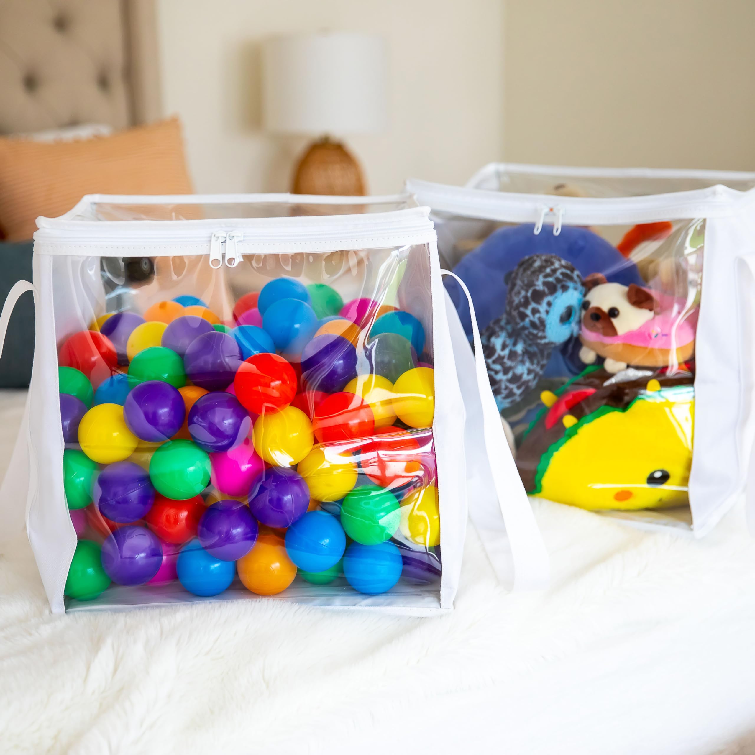 Extra Large Toy Storage Clear Bags with Zipper, 2 Pieces - Measures 𝟏𝟒"×𝟏𝟒"×𝟏𝟒" Clear Plastic Bins with Handle, Toy Organizer for Kids playroom, Blocks, Clothes, Stuffed Animal Storage